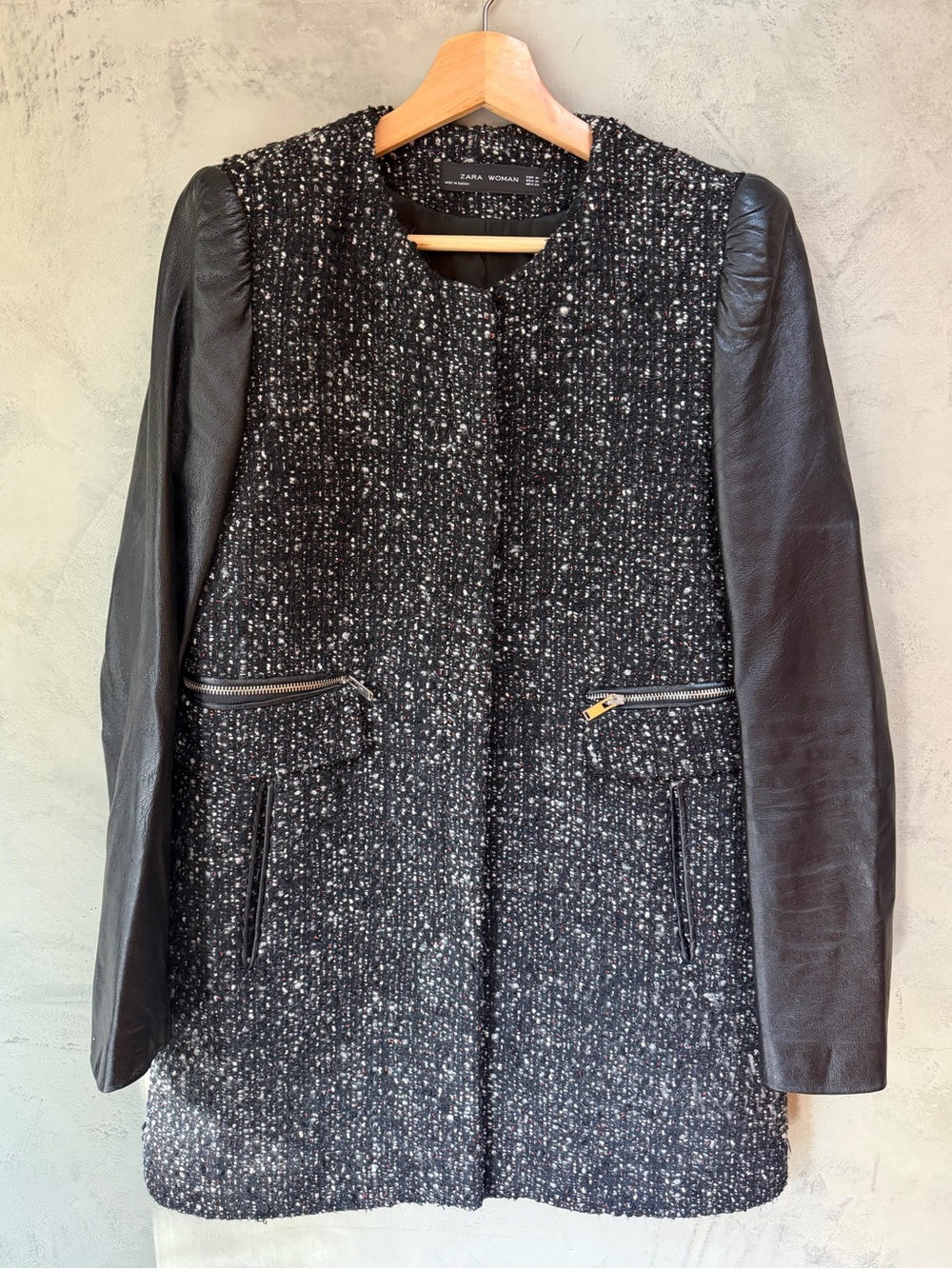 Zara Black Tweed Coat with Black Leather Sleeves